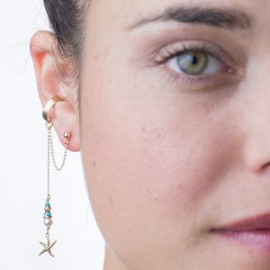 GOLD EAR CUFF with link chain, Gold filled Starfish Pendant, Pearl and Blue Swarovski Beads Earcuff, Nautical Themed Dangle Ear Cuff Earring