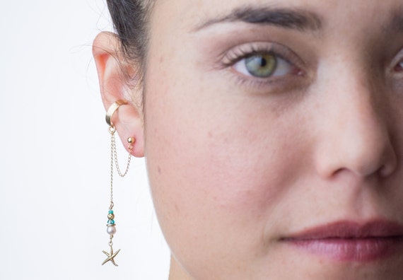 GOLD EAR CUFF with link chain, Gold filled Starfish Pendant, Pearl and Blue Swarovski Beads Earcuff, Nautical Themed Dangle Ear Cuff Earring