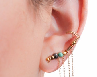 Boucle d’oreille d’oreille de grimpeur, pierre précieuse turquoise et hématite perlée, manchette d’oreille remplie d’or, cette beauté est tout ce dont vous avez besoin pour votre regard de graduation