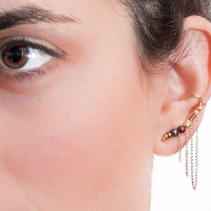 Genuine raw Hematite and Garnet gemstone beaded, Gold Filled fringed Ear Climber Earring, a one of a kind graduation gift