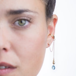 Gold ear cuff dangle earring with light blue Swarovski crystal drop, elegant crystal ear cuff jewelry, Swarovski ear cuff dangle earring