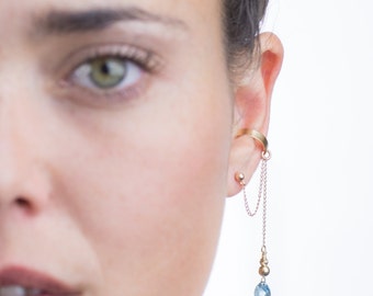 Gold ear cuff dangle earring with light blue Swarovski crystal drop, elegant crystal ear cuff jewelry, Swarovski ear cuff dangle earring