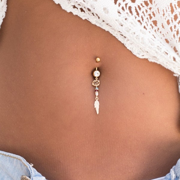The graduation gift you need, A handmade pearl beaded dream catcher & feather belly button piercing, navel ring, unique piece of jewelry