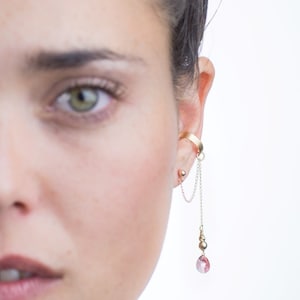 Gold ear cuff earring with link chain, clear red Swarovski crystal drop ear cuff earring, no piercing elegant gold dangle ear cuff earring