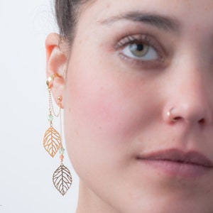Gold filled leaf pendants & light green and pink Swarovski beads, This nature Inspired earring makes the most elegant wedding accessory