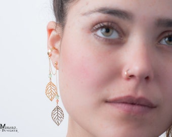 Met goud gevulde bladhangers & lichtgroen en roze Swarovski kralen, Deze natuur Geïnspireerde oorbel maakt het meest elegante trouwaccessoire
