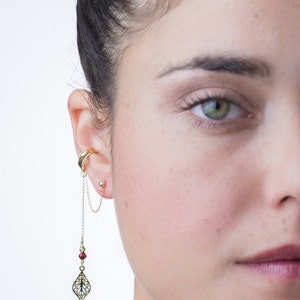 Gold Filled ethnic pendant & maroon colored Swarovski crystal beaded dangle ear cuff earring, The touch of color you need for graduation