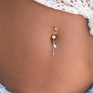 Tiny leaf belly button piercing, Silver / Gold navel ring with light blue beads. amazing body jewelry to complete a wedding look image 2