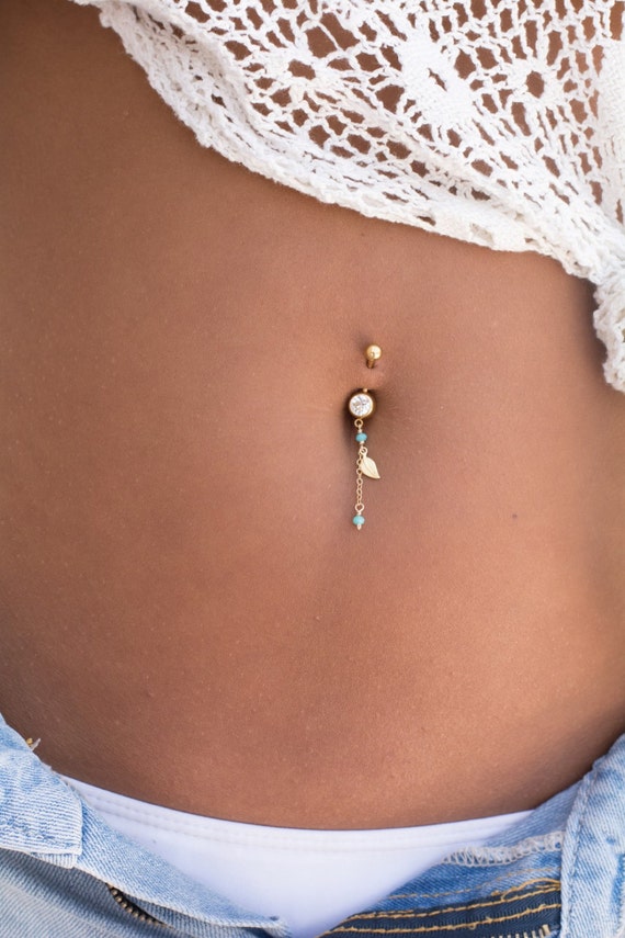Handmade Belly Button Ring With a Leaf Charm and Two Light 