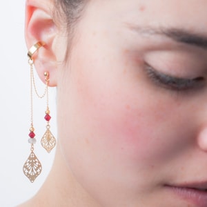 GOLD Ethnic Pendant Dangle Ear Cuff Earring, One Of A Kind Maroon Swarovski Crystal Gold Earcuff, Boho Chic Earring, Moroccan Charm Earring