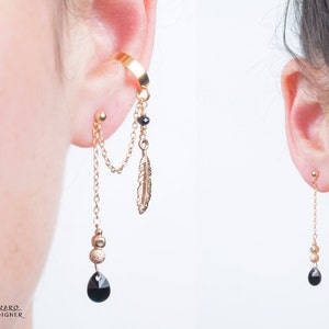 Handmade Mismatched Black Swarovski & Gold Feather set, Dangle Ear Cuff + MATCHING Earring, to complete your mothers day gift