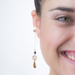 Dream catcher & Black Onyx Gemstone, 14K Gold Filled dangle Ear cuff Earring, all you want in your graduation look, protection and style