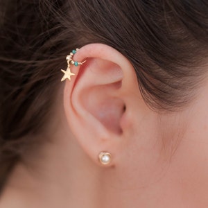 Star \ blad Hanger, turkoois & parel Swarovski kralen handgemaakte piercing, neus ring, tragus, helix, rook, voor het perfecte afstudeercadeau