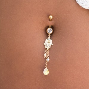 Cadeau-idee voor haar, handgemaakte gold filled hamsa-hanger en Swarovski-kristallen, navelpiercing, navelring, sieraden voor je bruiloft