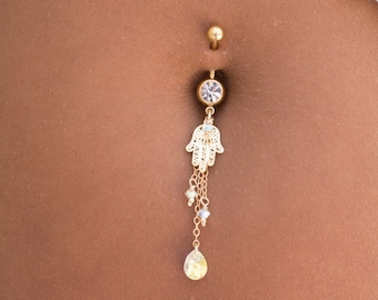 The only jewelry you need to complete a wedding look, Hamsa belly button piercing, navel ring, decorated with clear Swarovski crystals