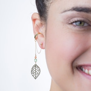 Gold Filled leaf pendant & green and pink Swarovski crystal beaded, dangling ear cuff earring, This beauty is a perfect look for graduation