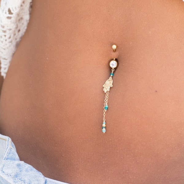 Handmade gold filled Hamsa belly button piercing & light blue Swarovski crystals, something blue- for your summer wedding