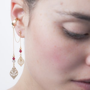 Ethnic Pendant Dangle Ear Cuff + MATCHING earring, Boho Chic Ear Cuff Earring Set, Ethnic Leaf Pendant Gold Earrings, Missmatched Earrings