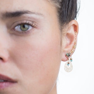 Genuine raw Jade, Citrine and Turquoise gemstones beaded & ethnic pendant, ear cuff earring, a unique beauty you need for a graduation gift