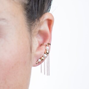 Swarovski white Pearl & Gold Filled beaded , delicate yet bold , ear climber earring , the wedding jewelry you need for a perfect look image 1