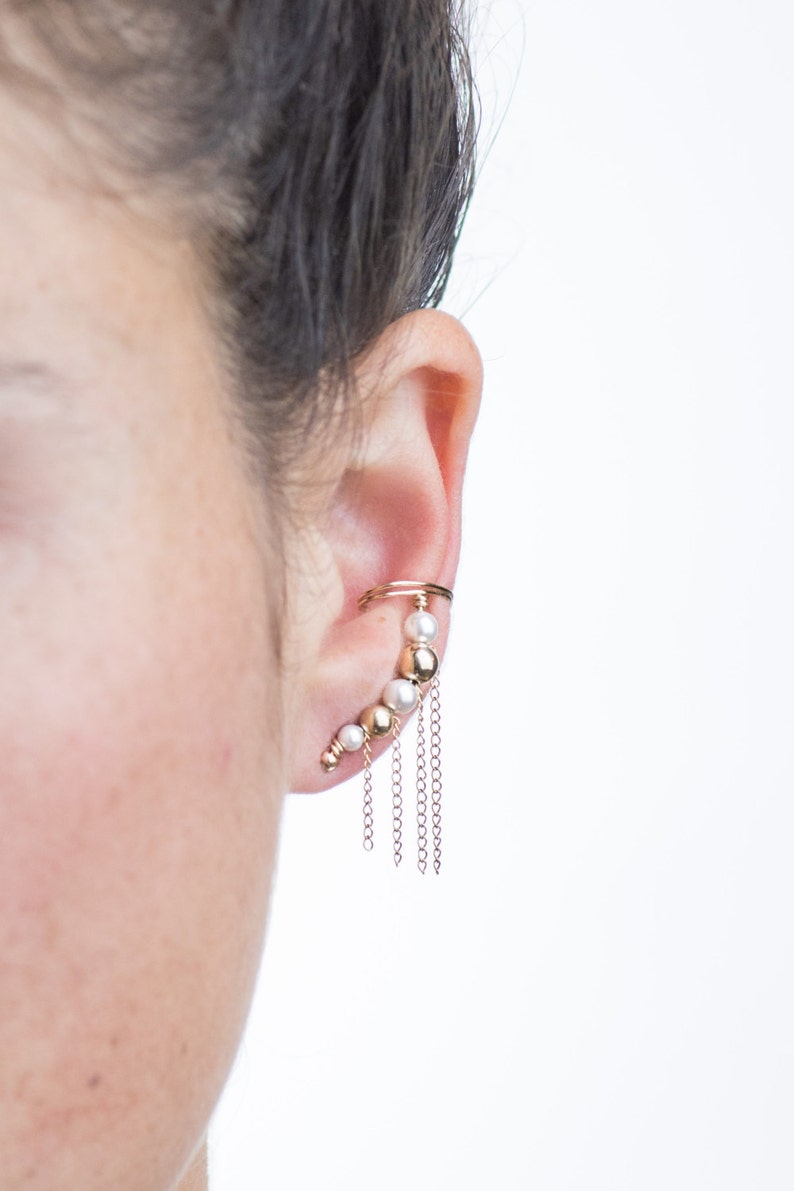 Swarovski white Pearl & Gold Filled beaded , delicate yet bold , ear climber earring , the wedding jewelry you need for a perfect look image 1