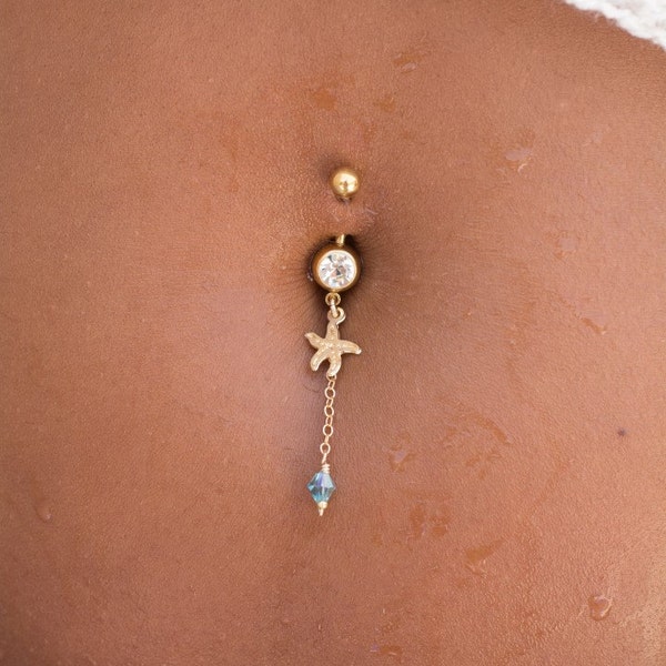 14K Gold Filled Starfish belly button piercing, and a light blue Swarovski crystal bead, The body jewelry you need this summer