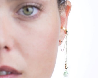 Gold ear cuff with clear green Swarovski crystal drop, no pierce dangle ear cuff earring, no piercing elegant crystal ear cuff, Gift for her