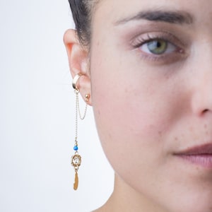 GOLD Dreamcatcher Ear cuff Earring, Blue Opal Gemstone Dream Catcher Ear Cuff Earring, Gold feather earring, Handmade Boho chic earring