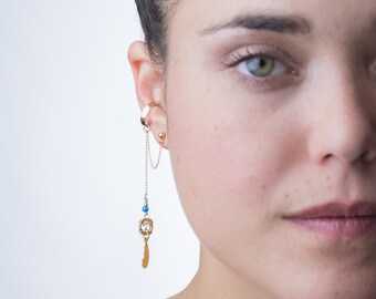 GOLD Dreamcatcher Ear cuff Earring, Blue Opal Gemstone Dream Catcher Ear Cuff Earring, Gold feather earring, Handmade Boho chic earring