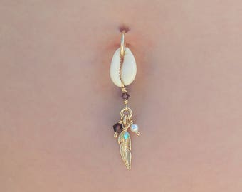 Cowrie shell belly button piercing, feather pendant & pearl bead belly button piercing, feather jewelry, belly piercing, navel ring piercing