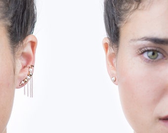 Gold Filled & White Swarovski Pearl beaded earuff pendiente + blanco Swarovski pearl stud, la joyería más única para su boda