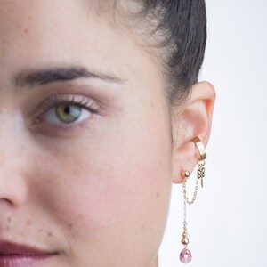 Gold dragonfly ear cuff dangle earring set, clear red crystal earring set, Goldfilled dangling ear cuff + matching stud, delicate earrings