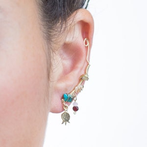 Gold Filled pomegranate pendant, raw Jade, Citrine and Turquoise gemstone beaded, handmade climber earring, a beautiful look for graduation