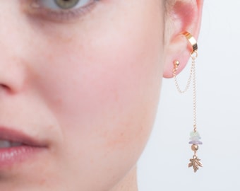 Gold Ear cuff with link chain, Gold maple leaf pendant & Fluorite gemstone and gold filled beads, dainty minimal ear cuff earring