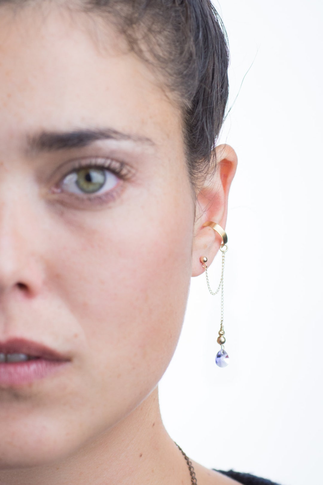 Gold Ear Cuff Dangle Earring With Drop Shaped Swarovski Etsy