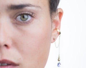 Gold ear cuff dangle earring with drop shaped Swarovski crystal, elegant ear cuff earrings, Swarovski dangle ear cuff jewelery, Gift Idea
