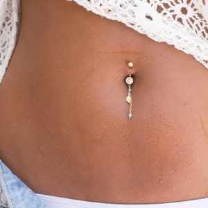 Handmade belly button ring with a leaf charm, and two light blue Swarovski crystal beads,A unique Gold Filled gift for her image 3