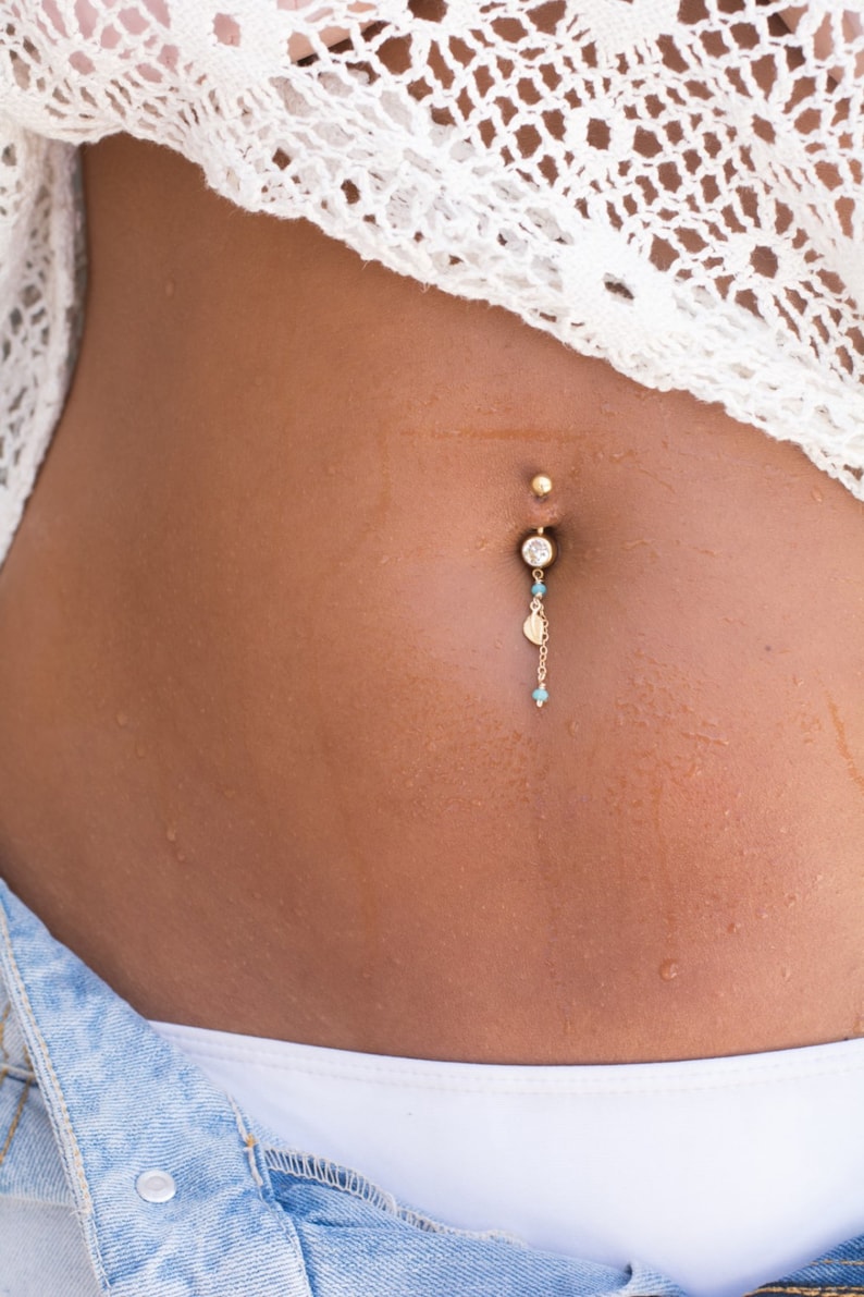 Handmade belly button ring with a leaf charm, and two light blue Swarovski crystal beads,A unique Gold Filled gift for her image 3