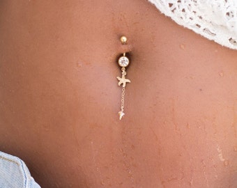 Gold handmade Starfish charm &  Swarovski crystal belly button piercing, All you need to complete your summer outfit, perfect navel jewelry