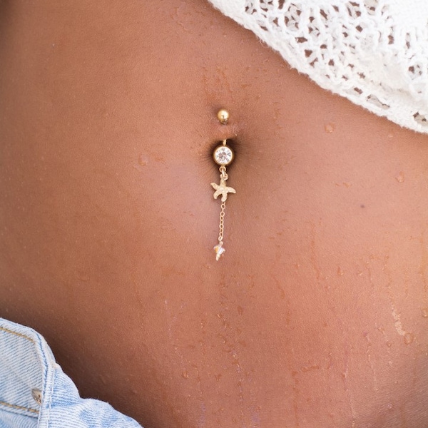 Gold handmade Starfish charm &  Swarovski crystal belly button piercing, All you need to complete your summer outfit, perfect navel jewelry