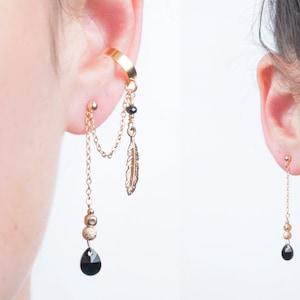 Gold Filled Ear Cuff + MATCHING Dangling Earring Set, Feather pendant & black Swarovski crystal bead, the perfect graduation look