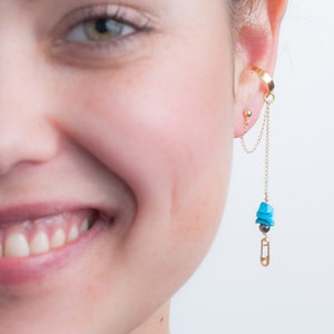 Gold safety pin pendant, Hematite & Turquoise gemstone punk rock dangle earring, the most unique graduation gift idea to your loved one image 1