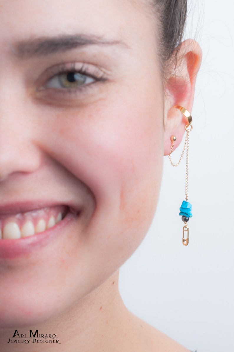 Gold safety pin pendant, Hematite & Turquoise gemstone punk rock dangle earring, the most unique graduation gift idea to your loved one image 1