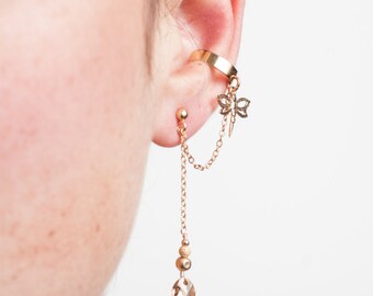 Handmade dragonfly charm ear cuff + matching dangling stud, champagne Swarovski gold earrings, bohemian style missmatched elegant earrings
