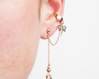 Handmade dragonfly charm ear cuff + matching dangling stud, champagne Swarovski gold earrings, bohemian style missmatched elegant earrings