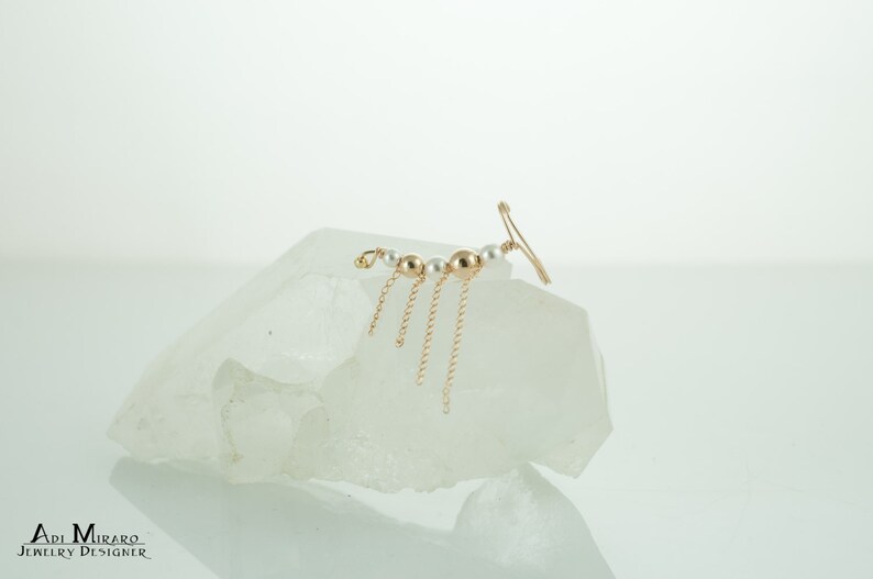 Swarovski white Pearl & Gold Filled beaded , delicate yet bold , ear climber earring , the wedding jewelry you need for a perfect look image 3