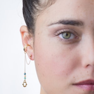 Gold filled Hamsa outline pendant & light blue, turquoise and crystal beaded, dangle ear cuff earring, the graduation look you need