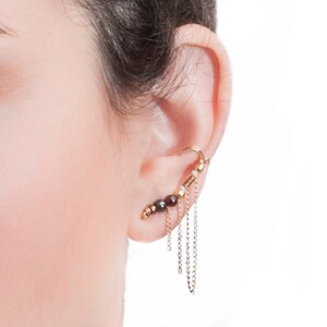 GOLD Rock Glam Fringe Earcuff + MATCHING stud - Hematite, Garnet and Gold Filled Beads Ear Cuff, Gemstone Climber Earring, unique earrings
