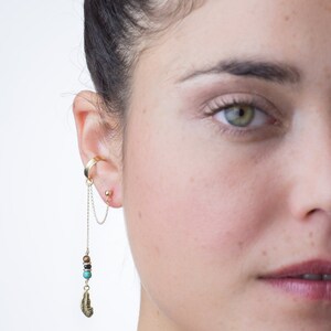 Handmade Gold Filled feather charm & Turquoise , Tiger's Eye gemstone, dangling ear cuff earring, Native American inspired graduation gift