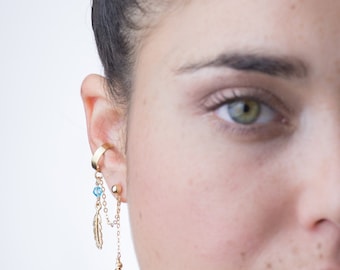 Gold Feather Dangling Ear Cuff Earring Set, Light Blue Swarovski Crystal Ear Cuff, Dangle Ear Cuff & Matching, Elegant Missmatched Earrings